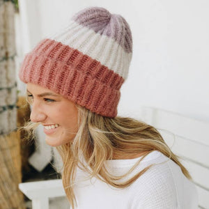 Color Block Knit Beanie Pink
